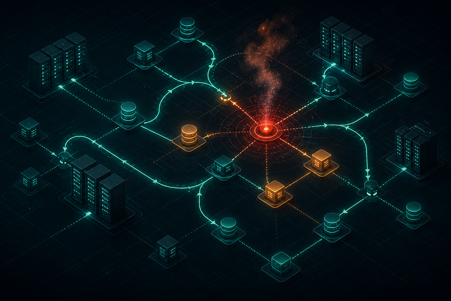 Chaos engineering visualization showing a controlled fault injection rerouting traffic across distributed systems
